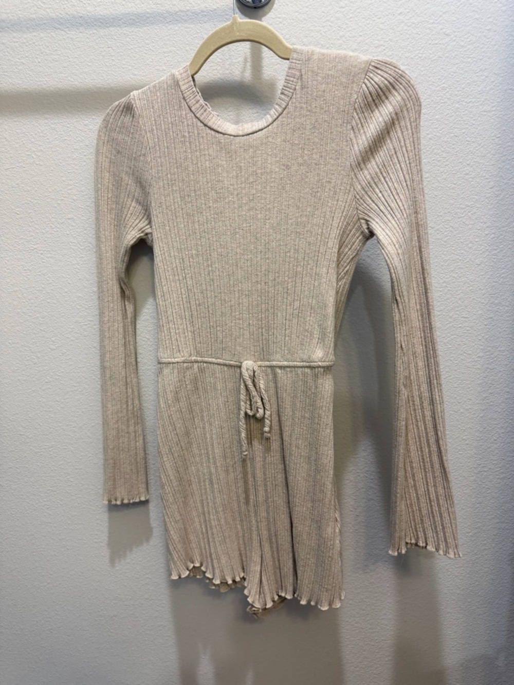 Ribbed Knit Long Sleeve Cream Romper